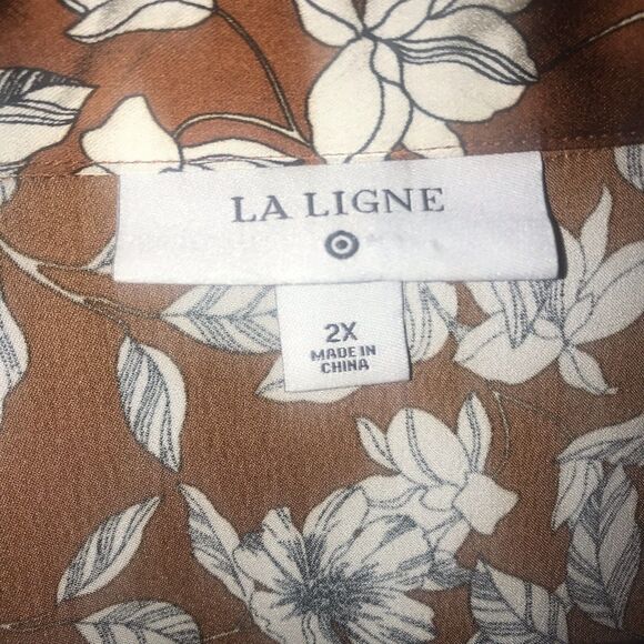 La Ligne Target Pajama Satin Top 2x Brown White Floral Long Sleeve Shirt Button - Picture 2 of 9